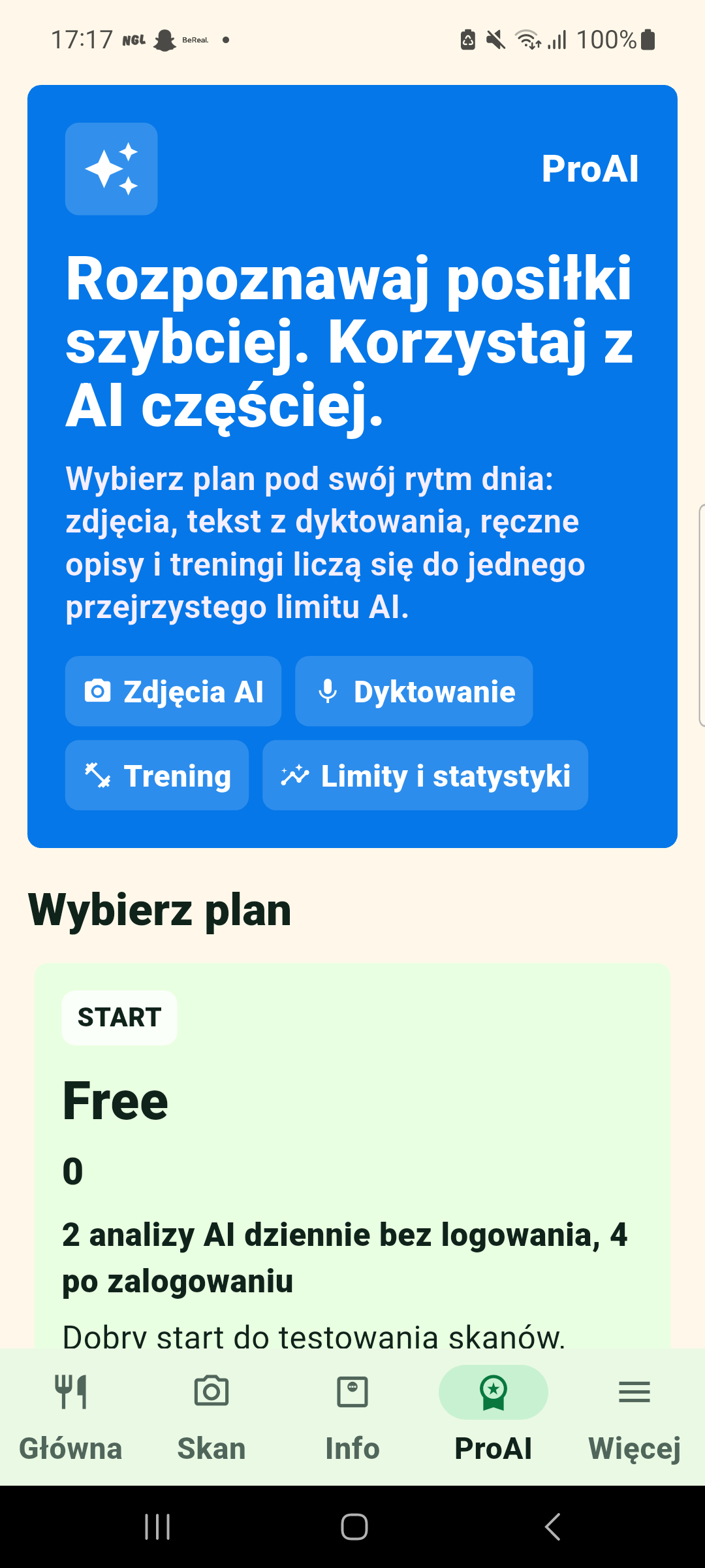 Real FitAIss app screen showing ProAI plans and features
