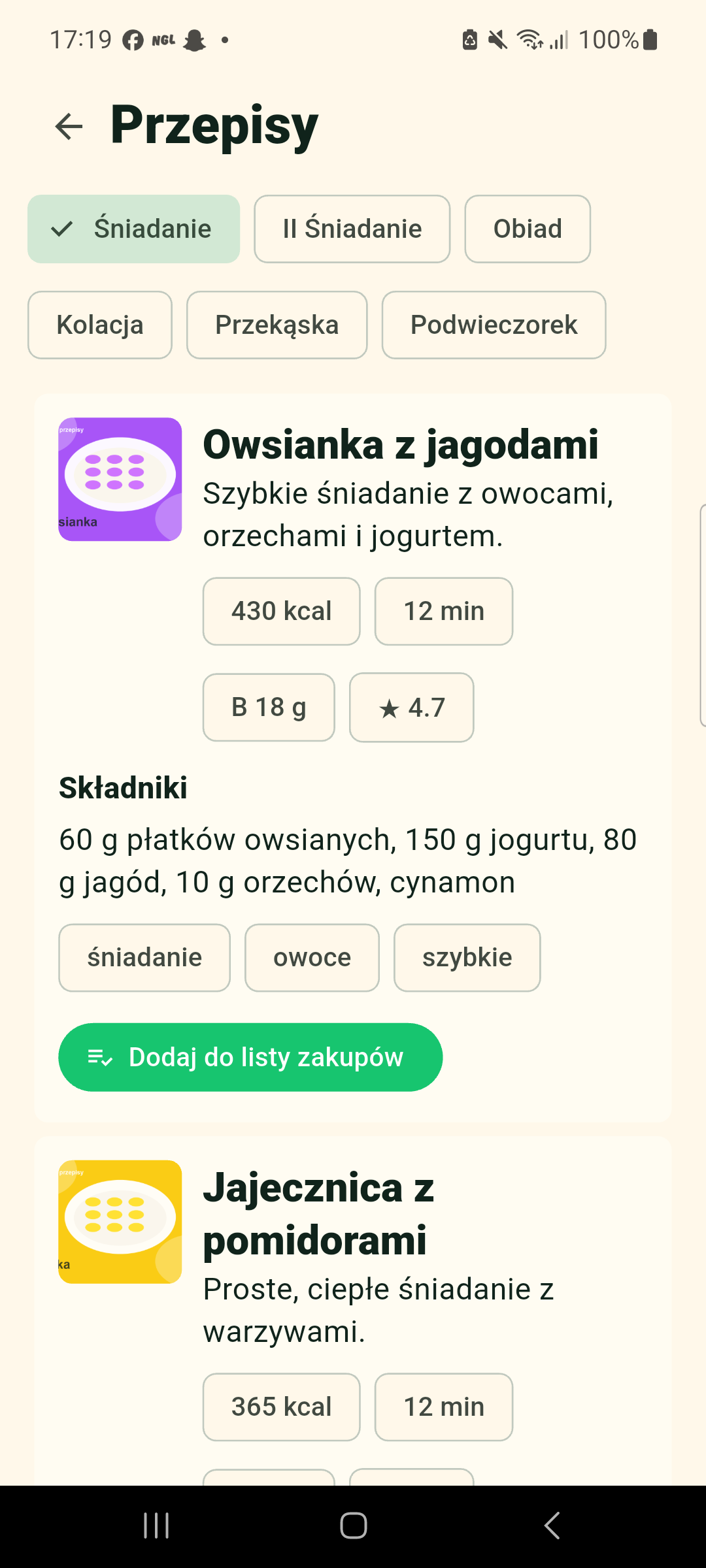 Real FitAIss app screen showing recipes, calories and the shopping list